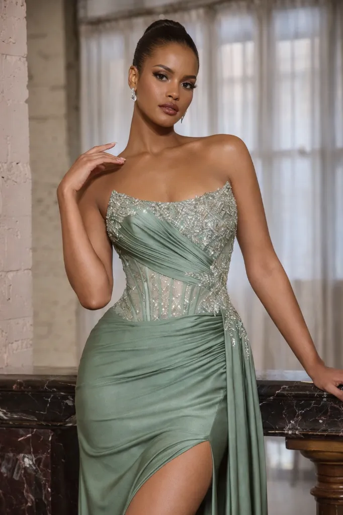 Robe de soirée satinée asymétrique perlée