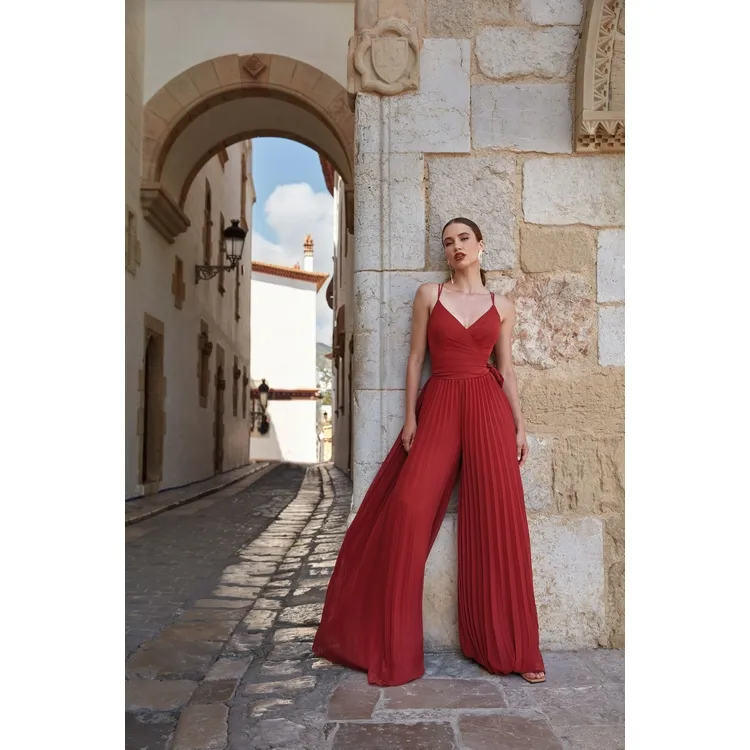 [EN354] Ensemble plissé en mousseline top et pantalon (Bleu royal, FR 42 / US 10)