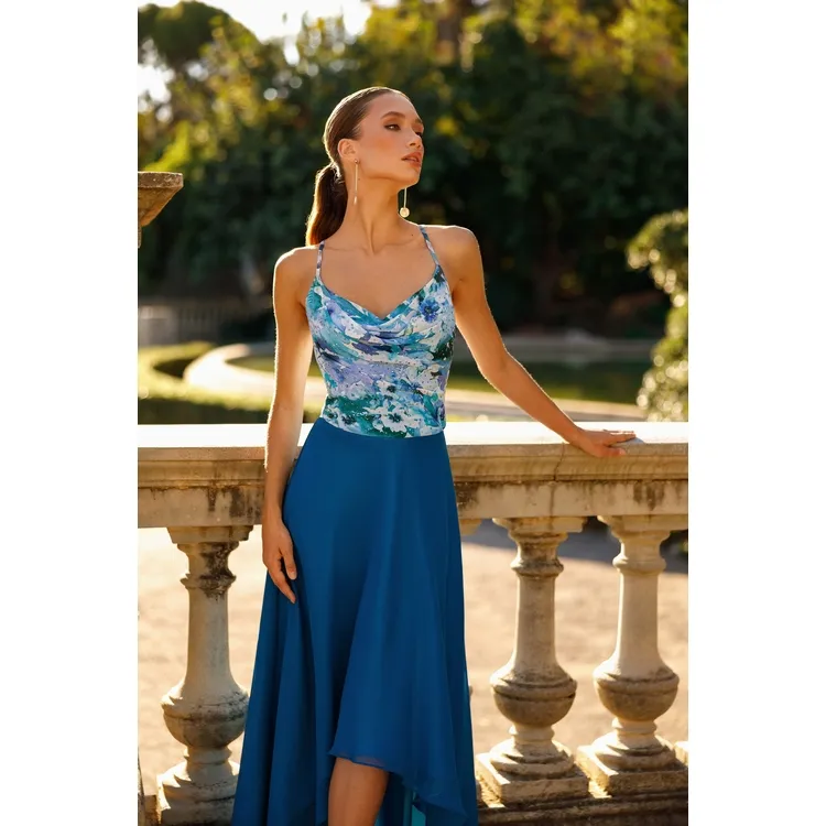 Ensemble bustier imprimé et jupe fluide en mousseline (Bleu royal, FR 34 / US 2)