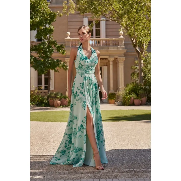 Robe longue imprimée à encolure américaine et fente (FR 36 / US 4)