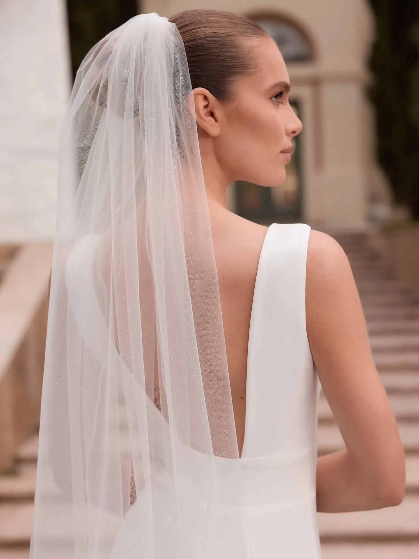 Voile en tulle pailleté avec bordure en perles de verre - S551