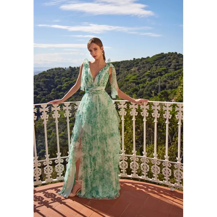 Robe longue en tulle imprimé vert - R202i