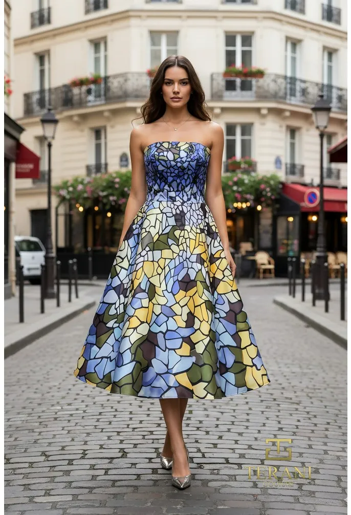 Robe cocktail midi bustier imprimée à jupe volume