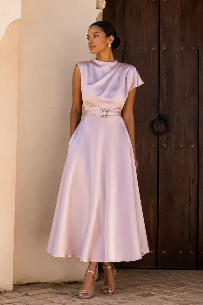 Robe Midi Satin Rosé Élégance - 1260010