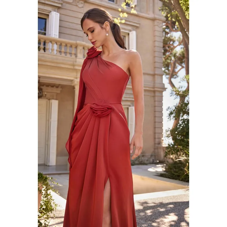 Robe longue asymétrique terracotta à fleurs - RO708